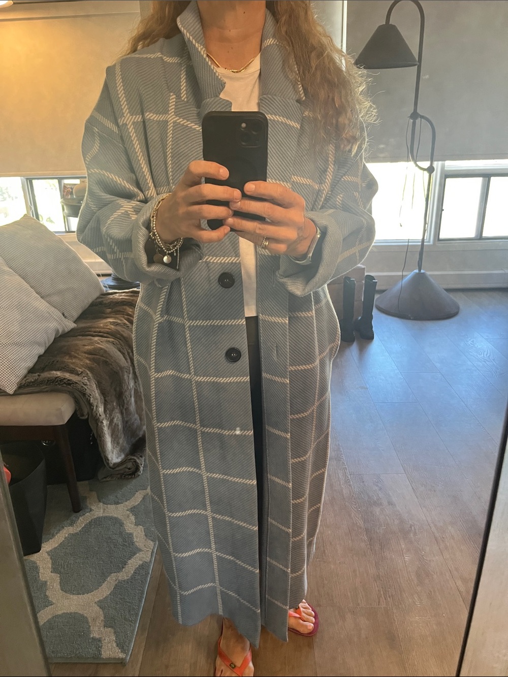 Zara Blue and White Checked Longline Knit-Like Feel Coat